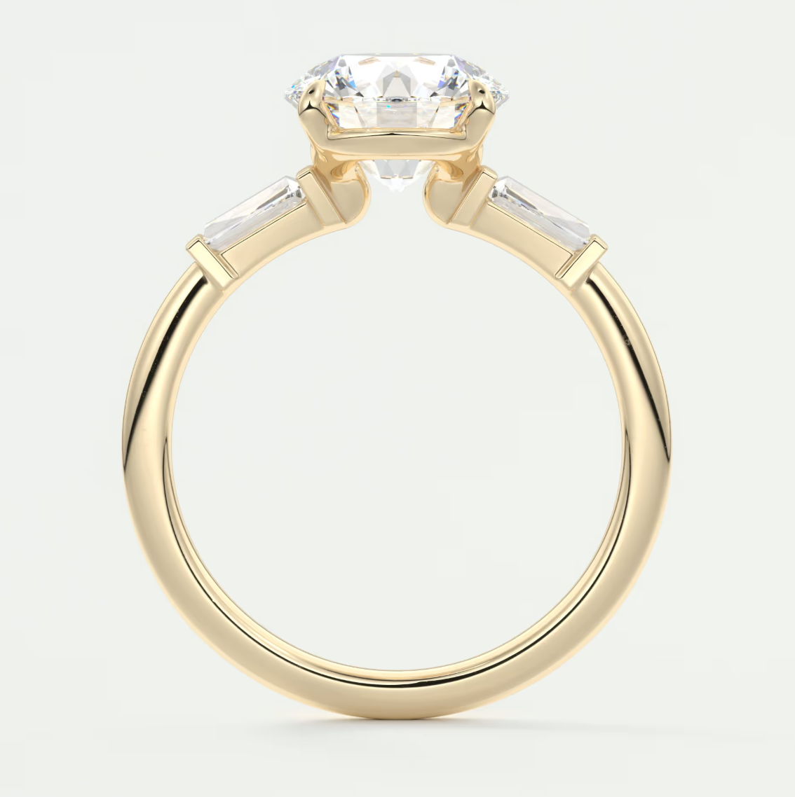 Elysian Round Three-Stone Engagement Ring with Tapered Baguettes