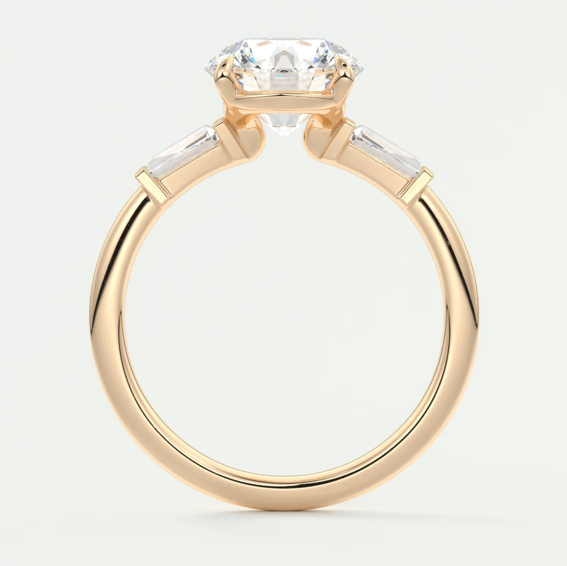 Elysian Round Three-Stone Engagement Ring with Tapered Baguettes