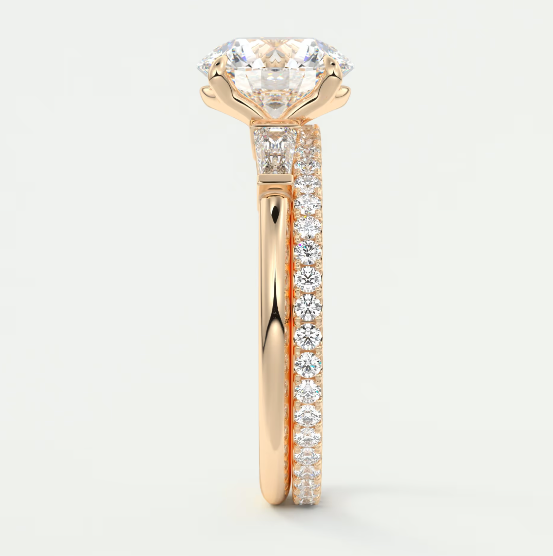 Elysian Round Three-Stone Engagement Ring with Tapered Baguettes