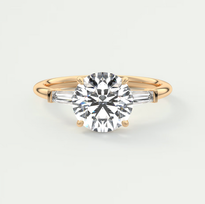 Elysian Round Three-Stone Engagement Ring with Tapered Baguettes