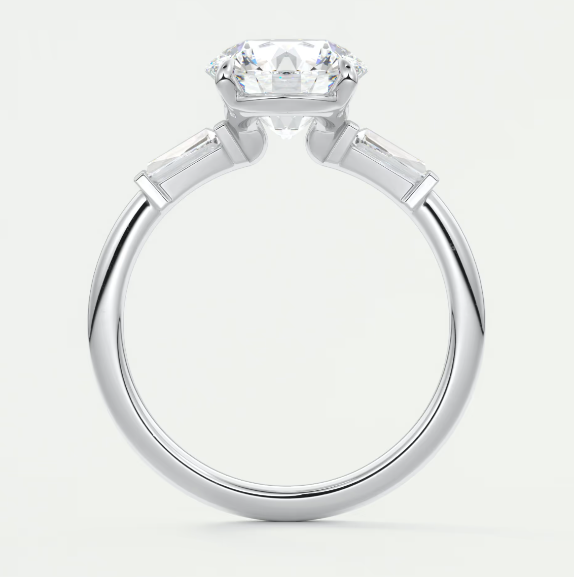 Elysian Round Three-Stone Engagement Ring with Tapered Baguettes