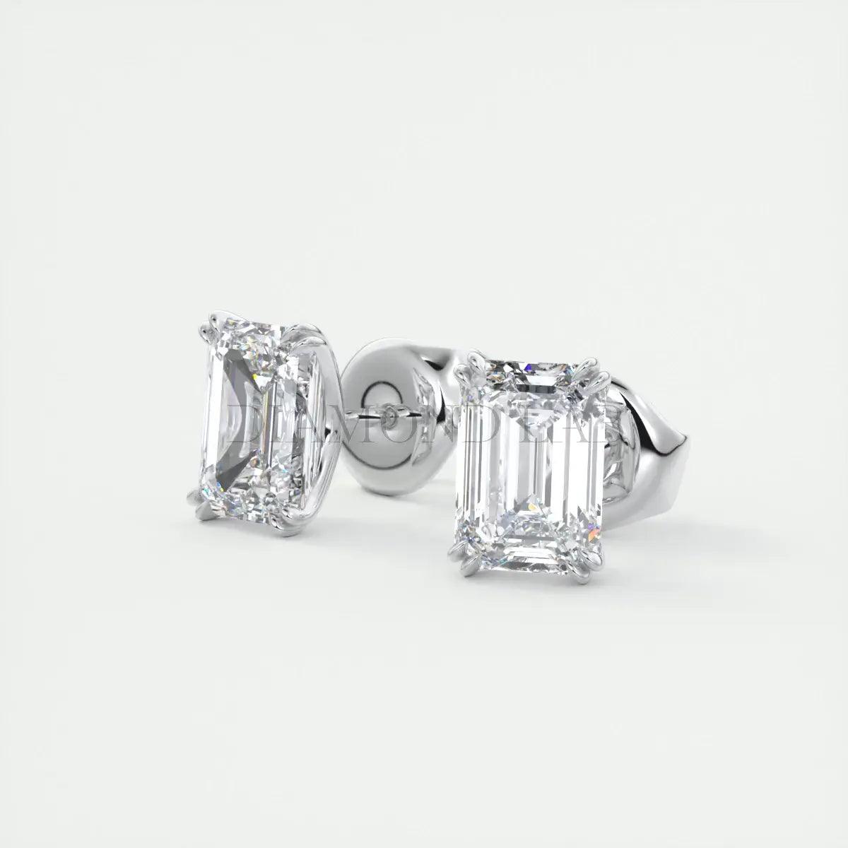 18k white gold diamond stud earrings with emerald cut diamonds.