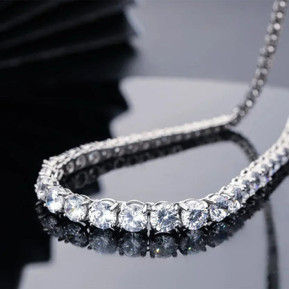 Graduated Moissanite Tennis Necklace – 18K White Gold Plated Silver | 3-Claw or 4-Claw Setting