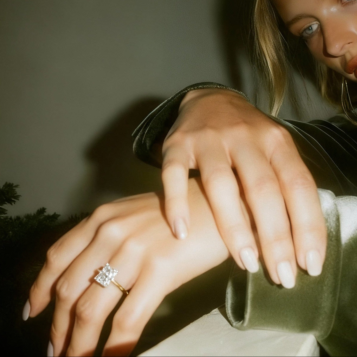 Lab diamond engagement ring on a model