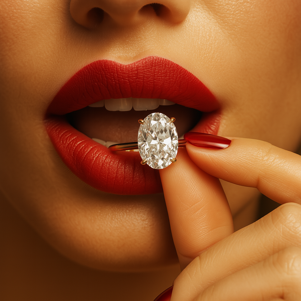 Close-up of a woman's lips holding a diamond between her teeth.