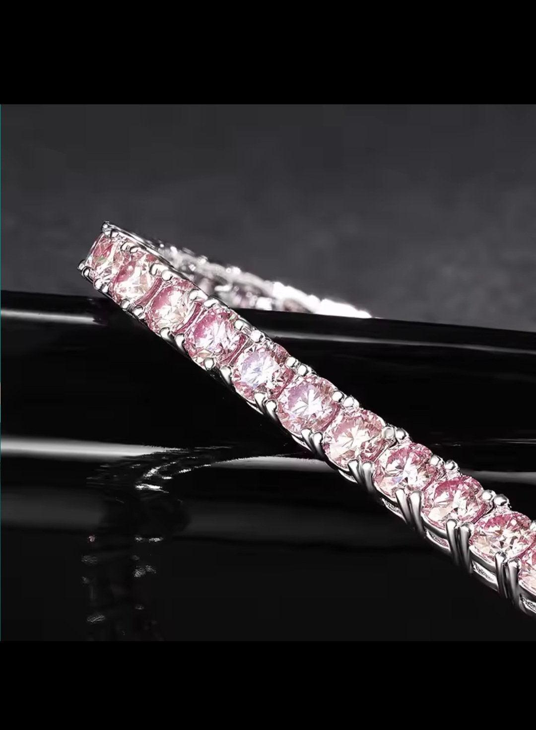 Pink Moissanite Tennis Bracelet – 18K White Gold Plated Silver