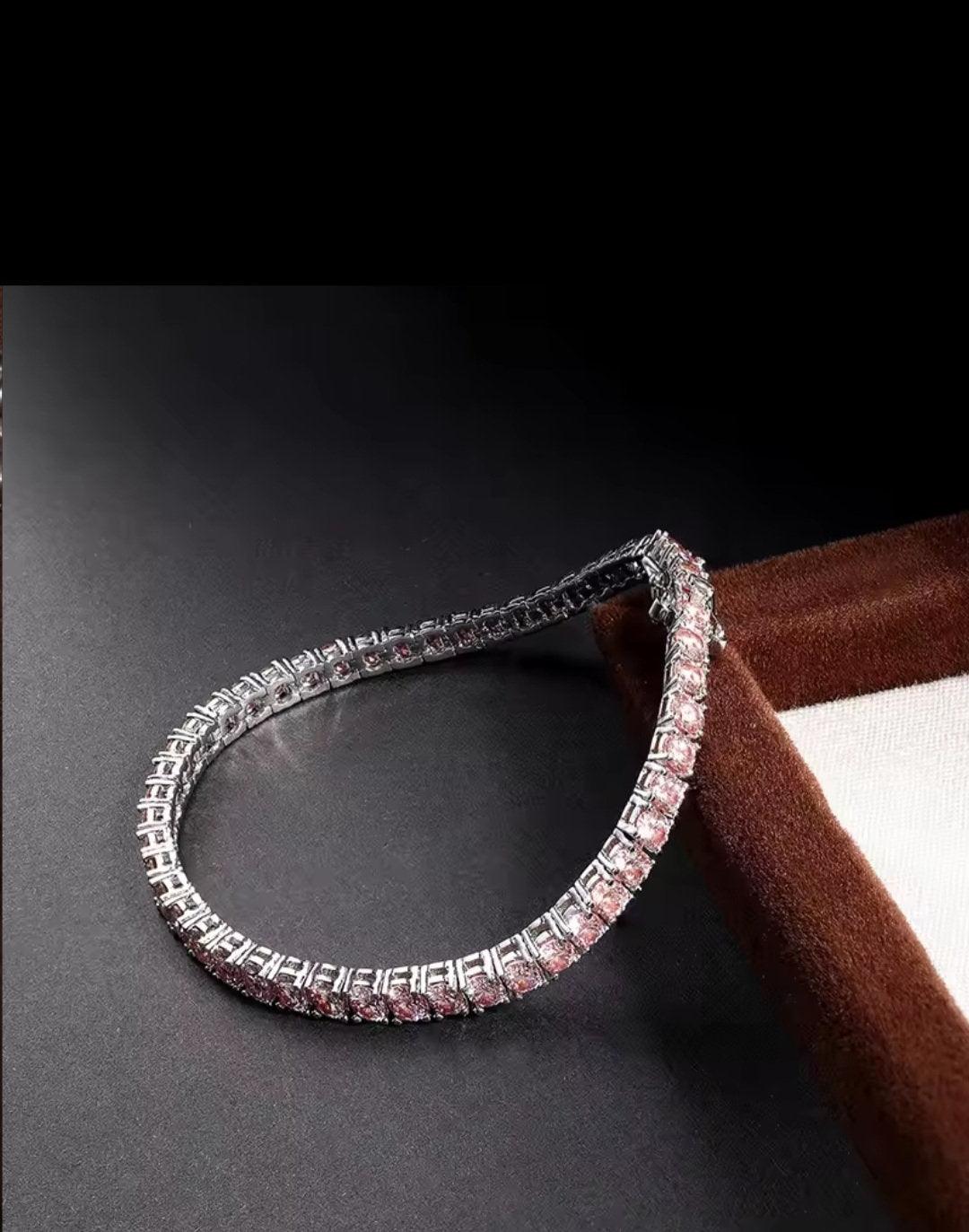 Pink Moissanite Tennis Bracelet – 18K White Gold Plated Silver