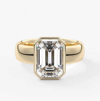 Véda Grande Emerald Bezel Engagement Ring – Lab Diamond or Moissanite