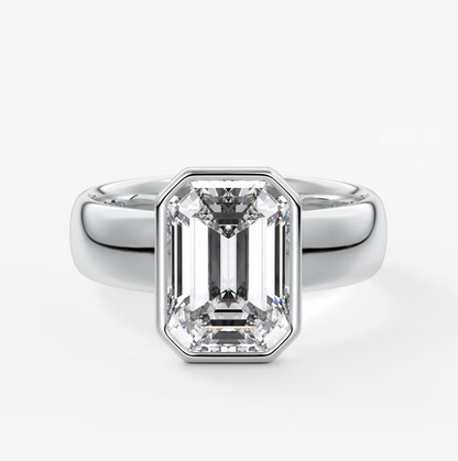 Véda Grande Emerald Bezel Engagement Ring – Lab Diamond or Moissanite