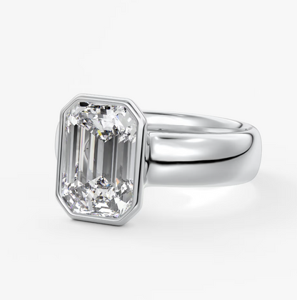 Véda Grande Emerald Bezel Engagement Ring – Lab Diamond or Moissanite