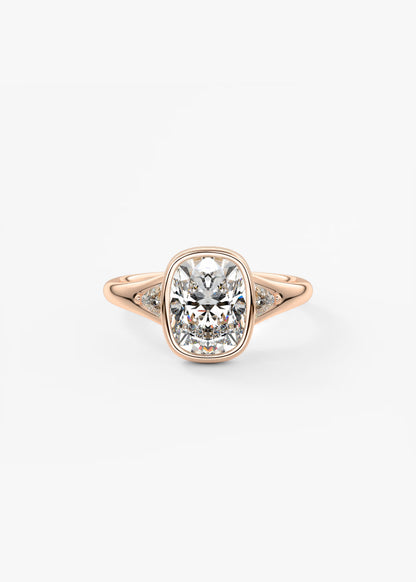 Véda Trilogy – Cushion with Trillion Side Stone Split Shank Engagement Ring