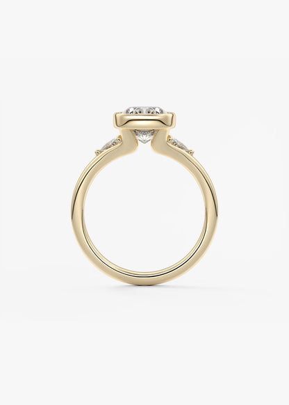 Véda Trilogy – Cushion with Trillion Side Stone Split Shank Engagement Ring