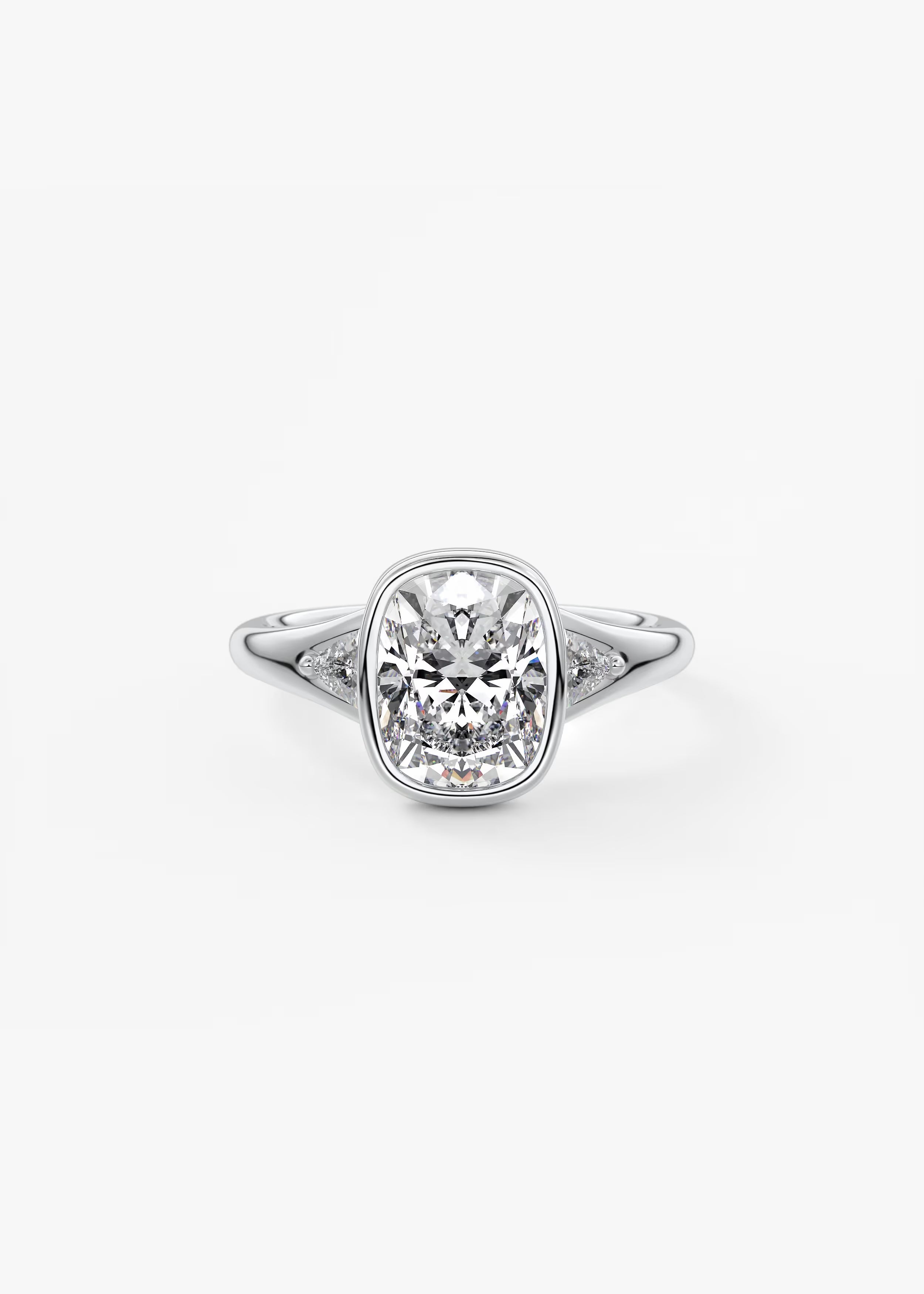 Véda Trilogy – Cushion with Trillion Side Stone Split Shank Engagement Ring