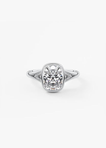 Véda Trilogy – Cushion with Trillion Side Stone Split Shank Engagement Ring