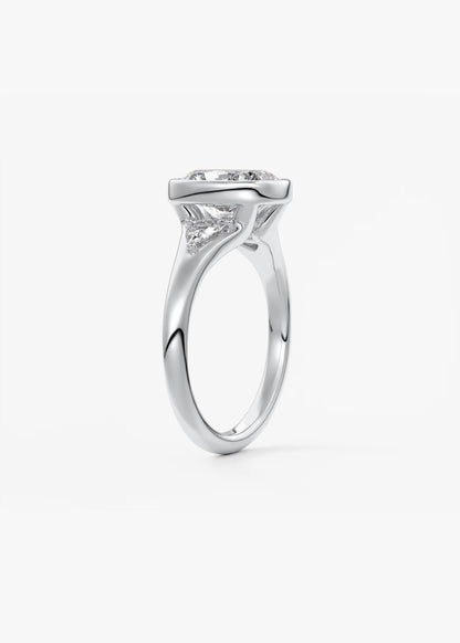 Véda Trilogy – Cushion with Trillion Side Stone Split Shank Engagement Ring