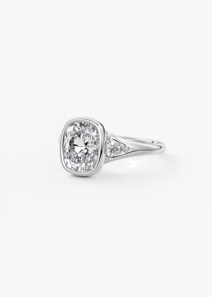 Véda Trilogy – Cushion with Trillion Side Stone Split Shank Engagement Ring