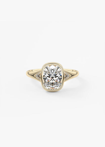 Véda Trilogy – Cushion with Trillion Side Stone Split Shank Engagement Ring