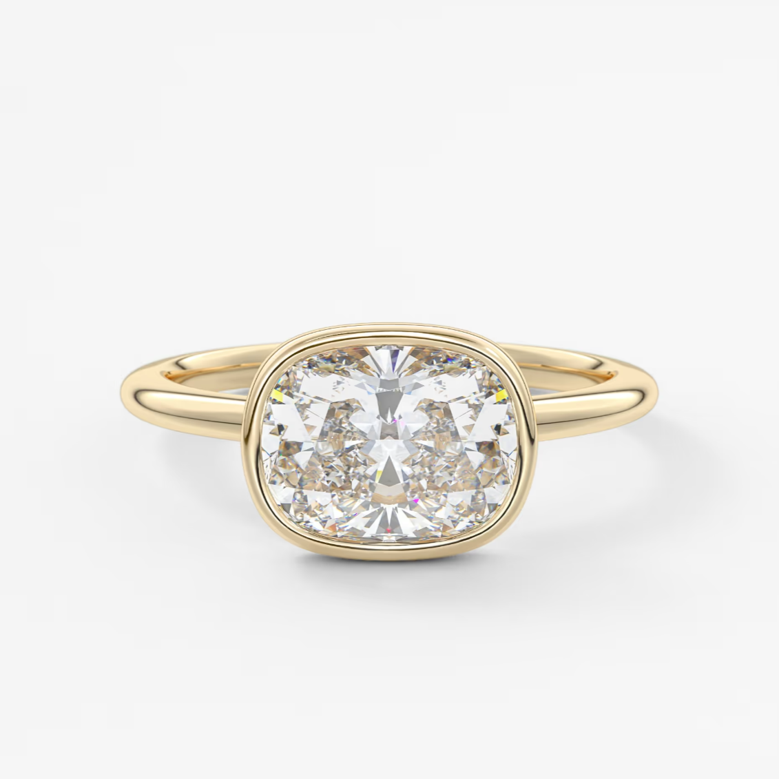 Véda East-West Elongated Cushion Bezel Engagement Ring – Lab Diamond or Moissanite