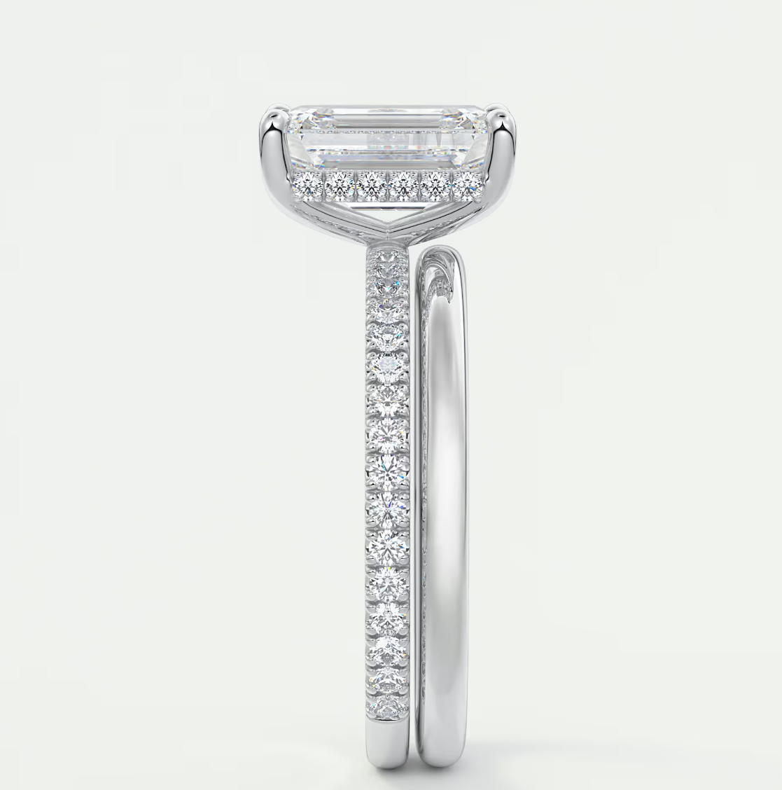 Custom made amelie emerald hidden halo engagement ring | diamond lab