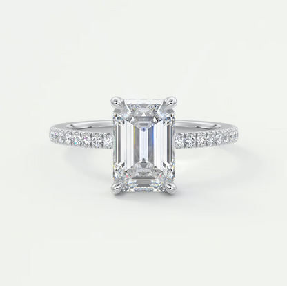 Custom made amelie emerald hidden halo engagement ring | diamond lab