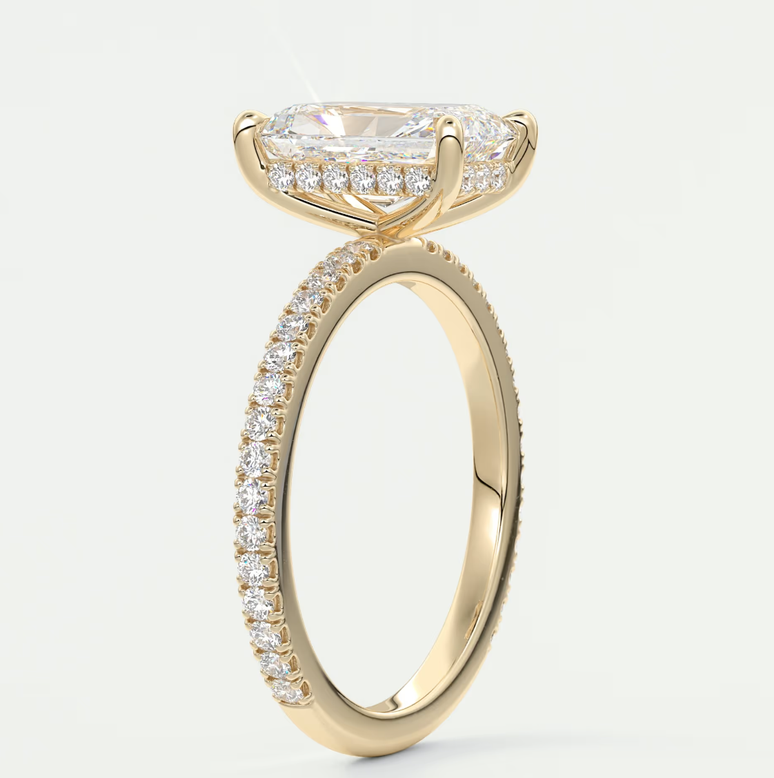 Custom made amelie radiant hidden halo engagement ring | diamond lab