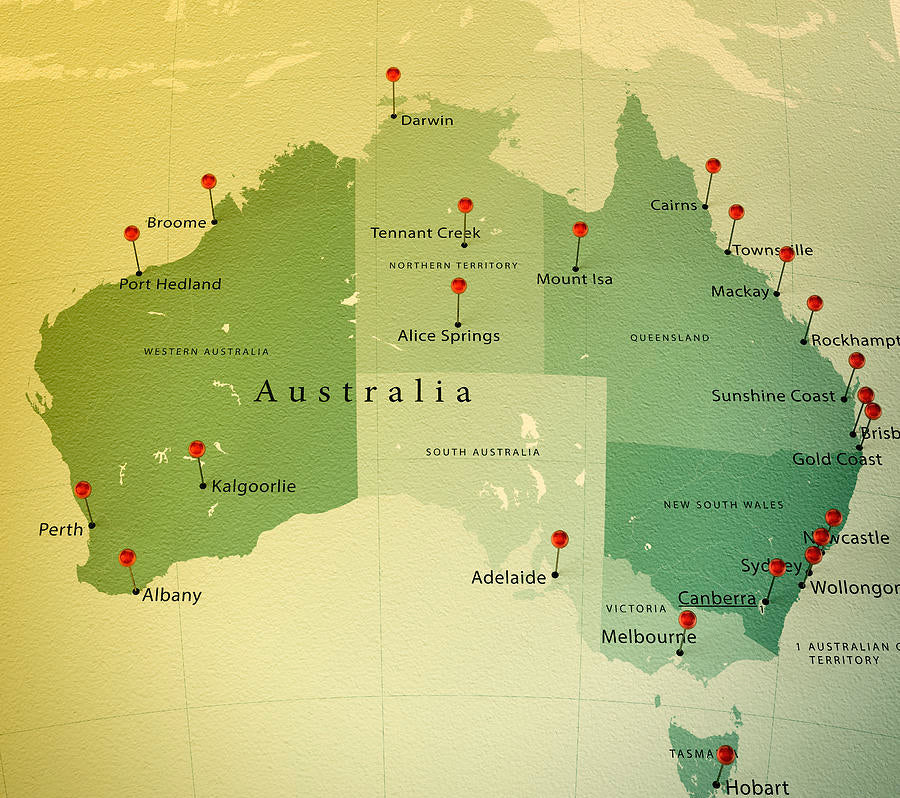 Map of Australia with major cities marked on a textured green background