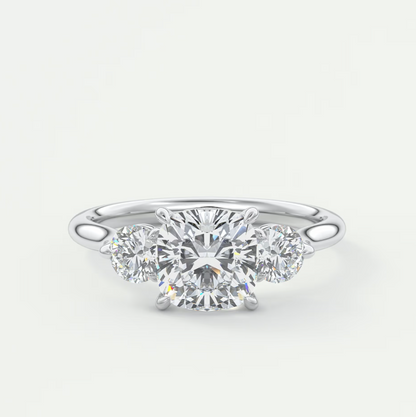 Custom made aveline cushion cathedral three-stone engagement ring | diamond lab