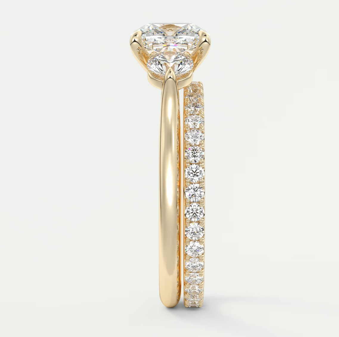 Custom made aveline cushion cathedral three-stone engagement ring | diamond lab