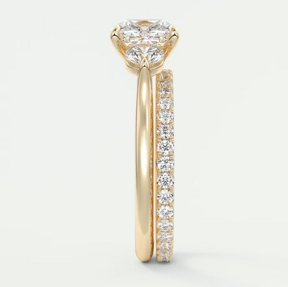 Custom made aveline cushion cathedral three-stone engagement ring | diamond lab