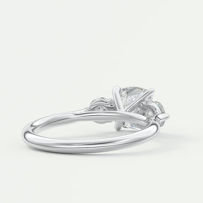 Custom made aveline cushion cathedral three-stone engagement ring | diamond lab