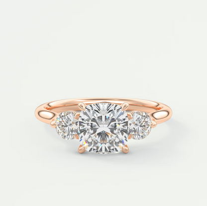 Custom made aveline cushion cathedral three-stone engagement ring | diamond lab