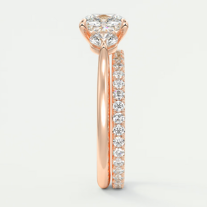 Custom made aveline cushion cathedral three-stone engagement ring | diamond lab