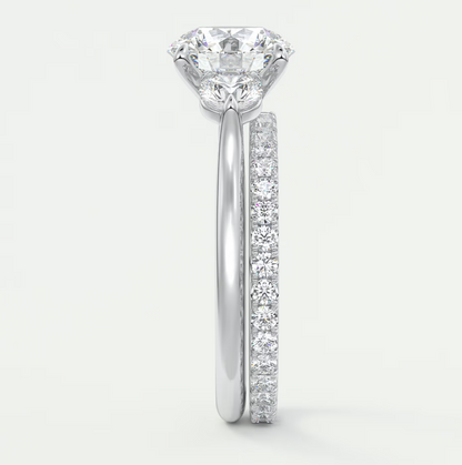 Custom made aveline round cathedral three-stone engagement ring | diamond lab