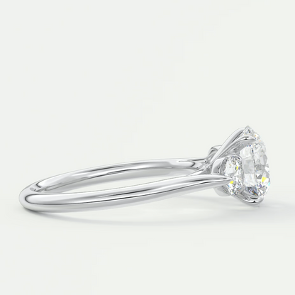 Custom made aveline round cathedral three-stone engagement ring | diamond lab