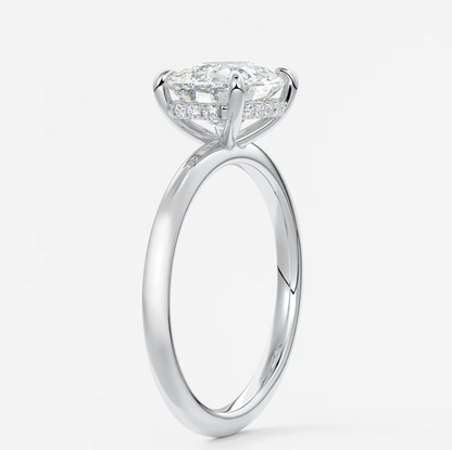 Custom made celestia east-west elongated cushion hidden halo ring | lab diamond & moissanite –