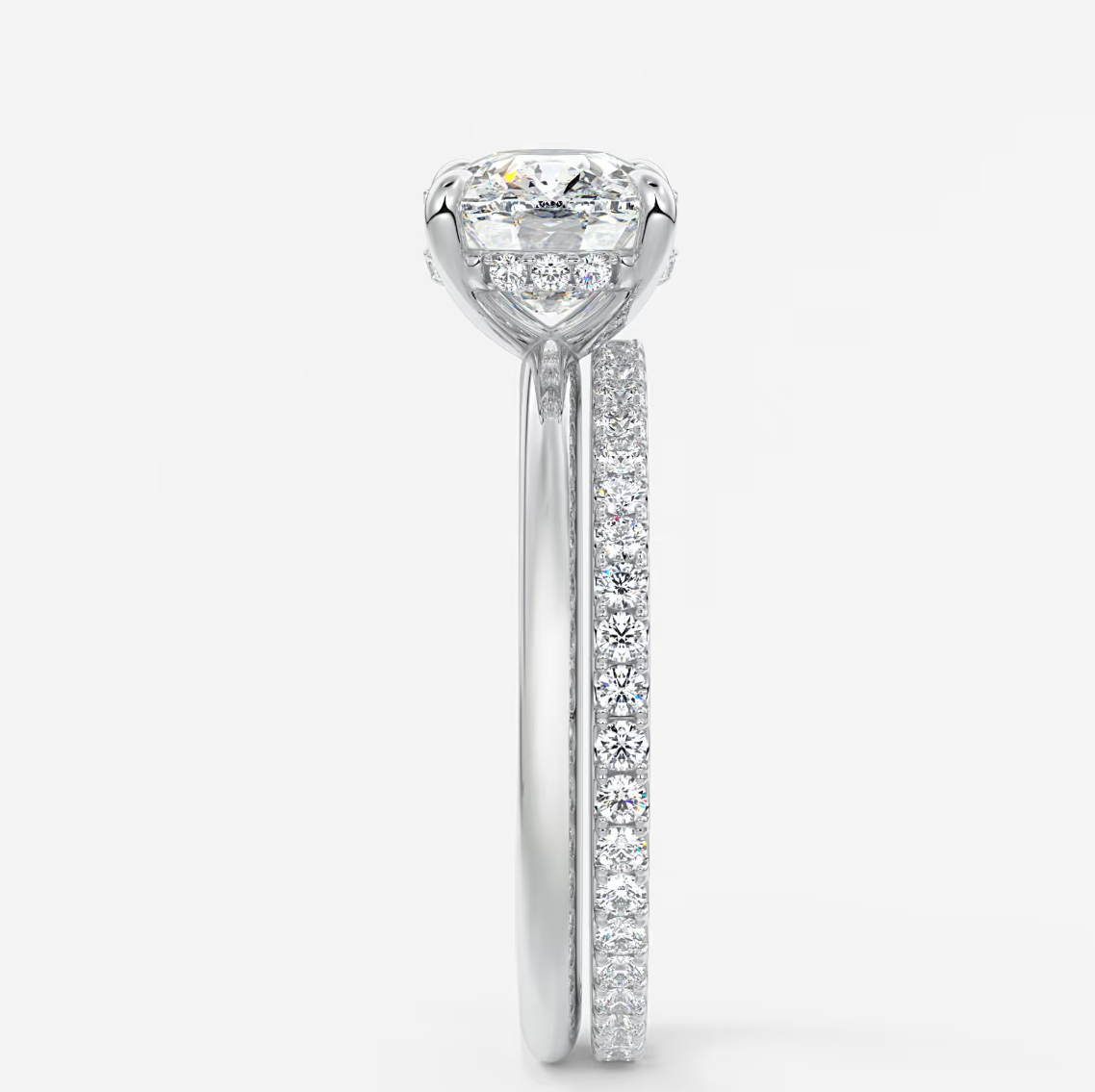 Custom made celestia east-west elongated cushion hidden halo ring | lab diamond & moissanite –
