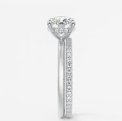 Custom made celestia east-west elongated cushion hidden halo ring | lab diamond & moissanite –