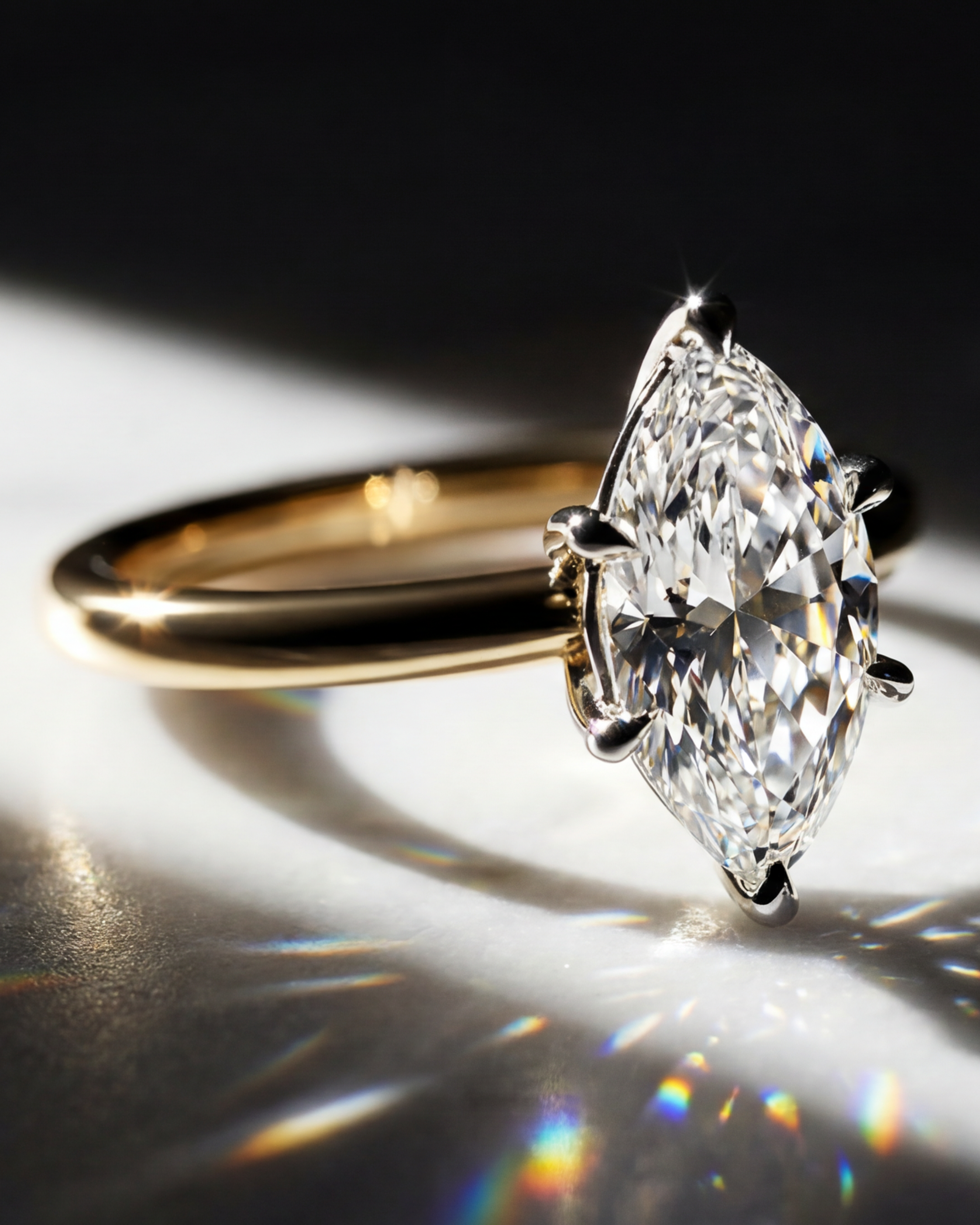 Gold ring with a pear-shaped diamond on a dark background