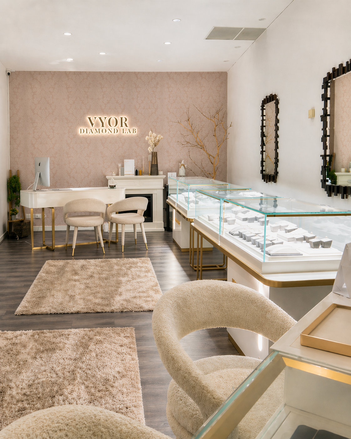 Interior of a jewelry store with display cases and seating area.