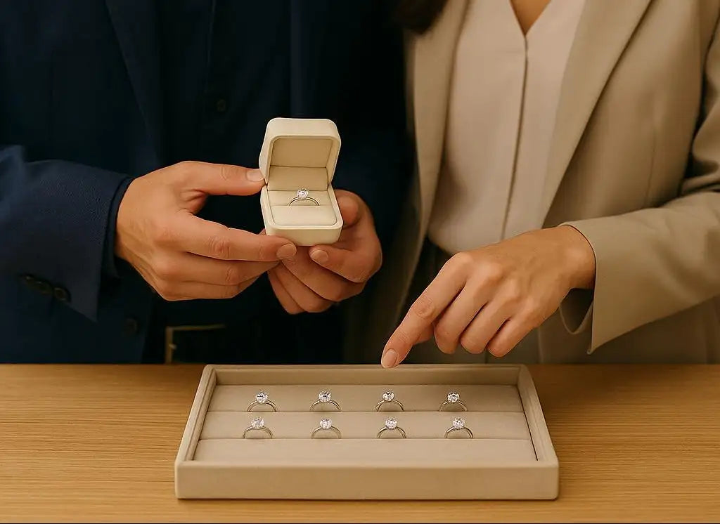Two people examining rings in a box on a wooden table