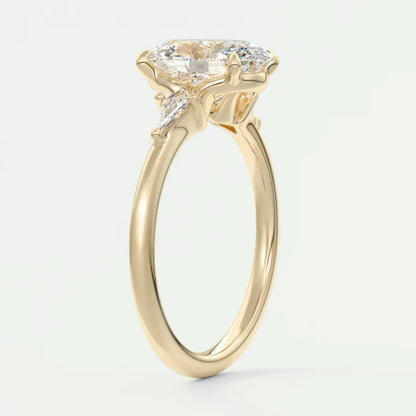 Custom made elysian oval three-stone engagement ring with kite side stones | diamond lab