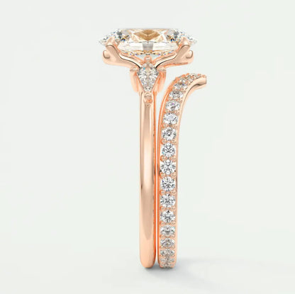 Custom made elysian oval three-stone engagement ring with kite side stones | diamond lab