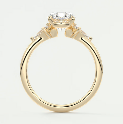 Custom made elysian oval three-stone engagement ring with kite side stones | diamond lab