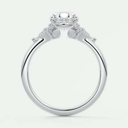 Custom made elysian oval three-stone engagement ring with kite side stones | diamond lab