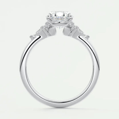 Custom made elysian oval three-stone engagement ring with kite side stones | diamond lab