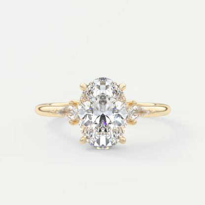 Custom made elysian oval three-stone engagement ring with kite side stones | diamond lab
