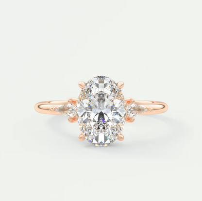 Custom made elysian oval three-stone engagement ring with kite side stones | diamond lab