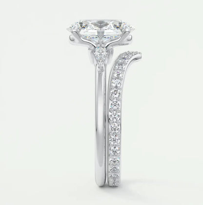 Custom made elysian oval three-stone engagement ring with kite side stones | diamond lab