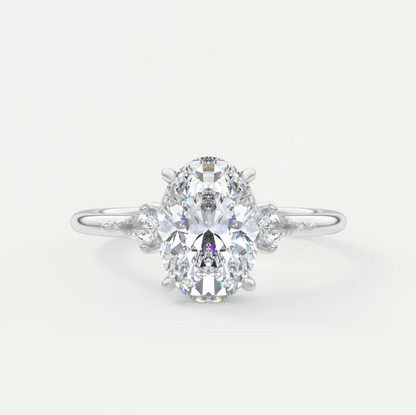 Custom made elysian oval three-stone engagement ring with kite side stones | diamond lab
