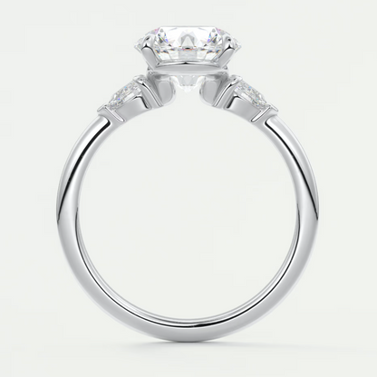 Custom made elysian round three-stone engagement ring with pear side stones | diamond lab